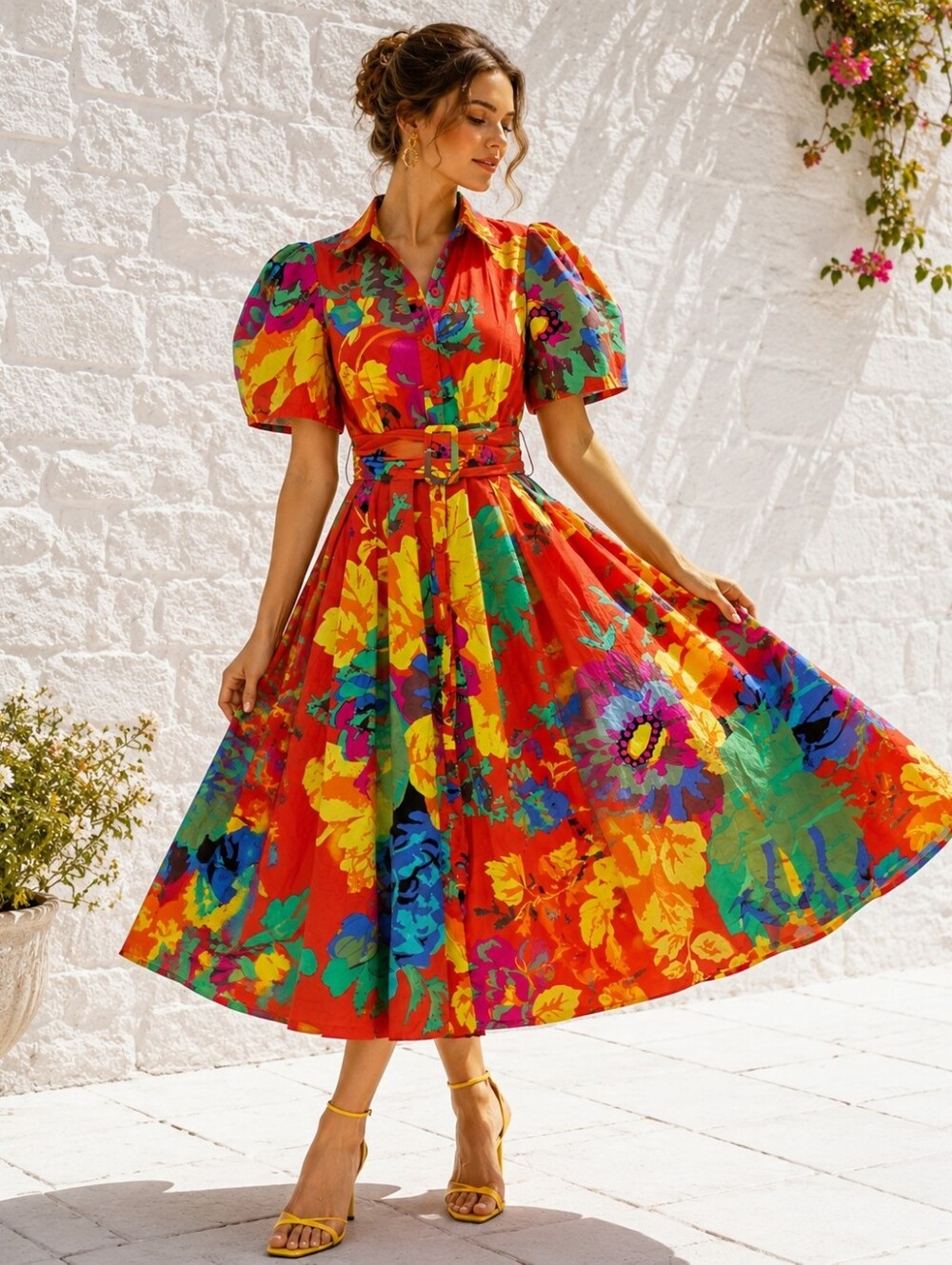 Christopher John Rogers Floral Puff Sleeve Belted Cotton Poplin Maxi Dress US 8
